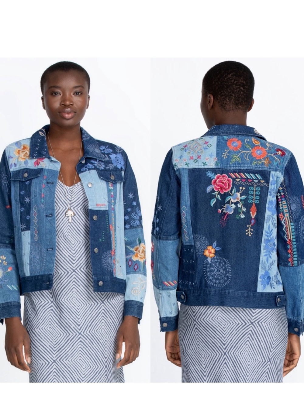Johnny Was Taryn Embroidered Floral Patchwork Denim/Jean Jacket - Large